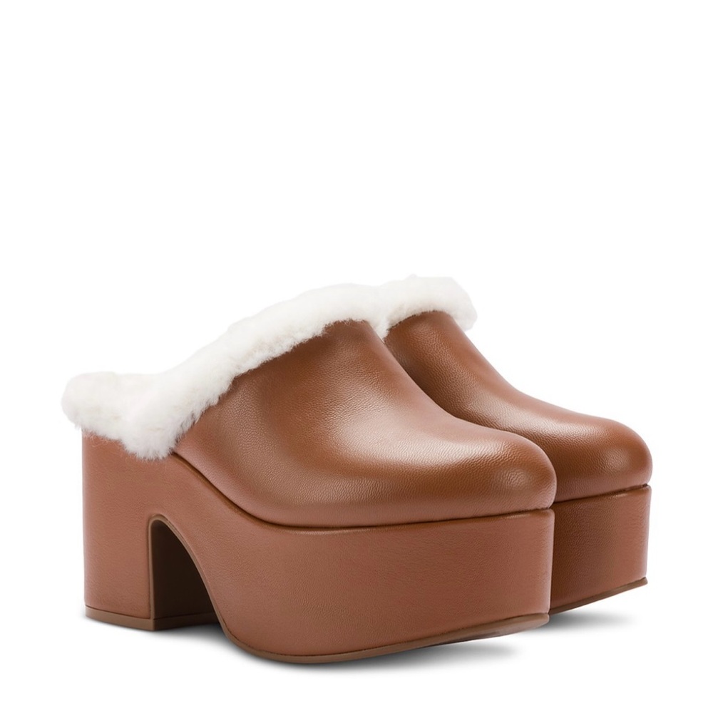 Larroudé Women's Miso Shearling Lined High Heel Platform Clogs in Caramel